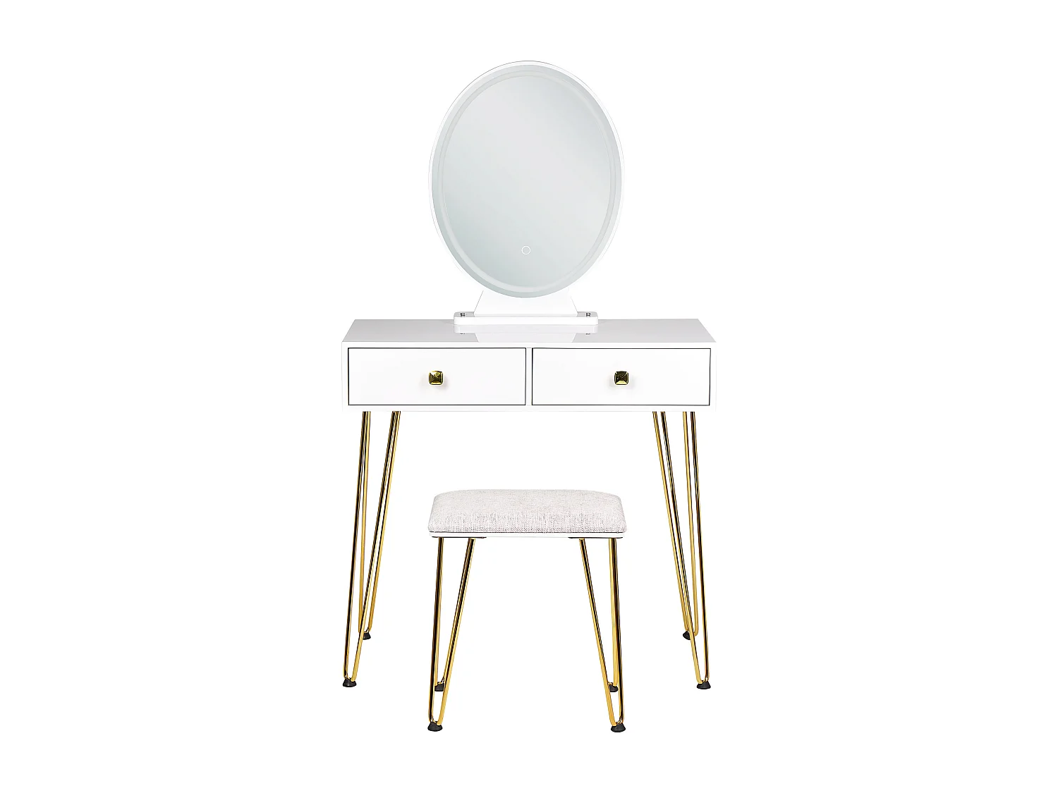 Schminktisch mit LED-Spiegel oval 2 Schubladen Hocker weiß Glamour Caen