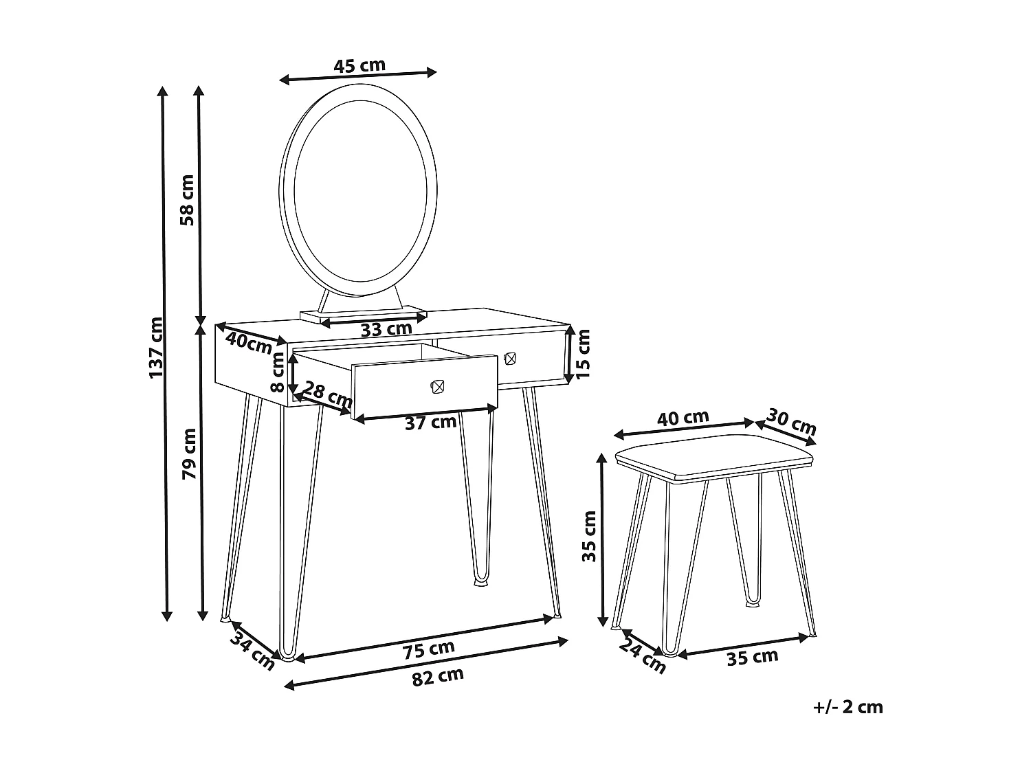 Schminktisch mit LED-Spiegel oval 2 Schubladen Hocker weiß Glamour Caen