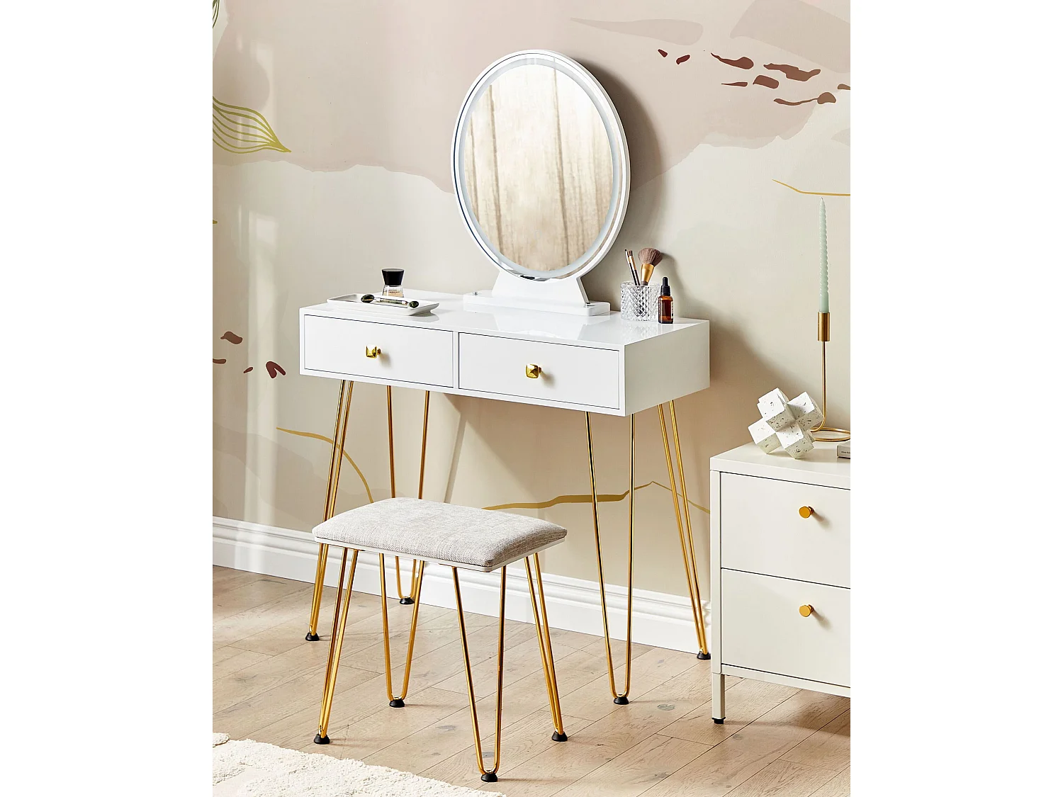 Coiffeuse avec miroir et tabouret CAEN LED Blanc
