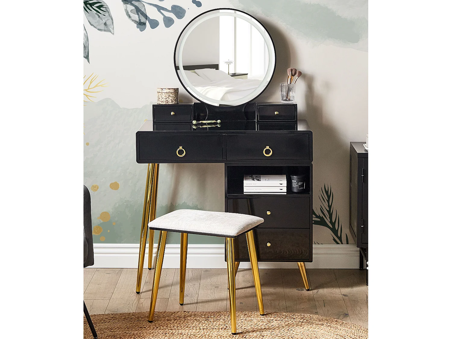 Coiffeuse avec miroir et tabouret YVES LED Noir