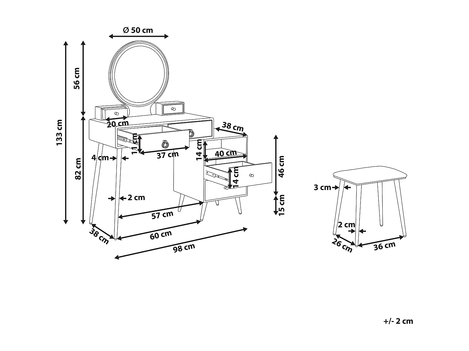 Coiffeuse avec miroir et tabouret YVES LED Noir