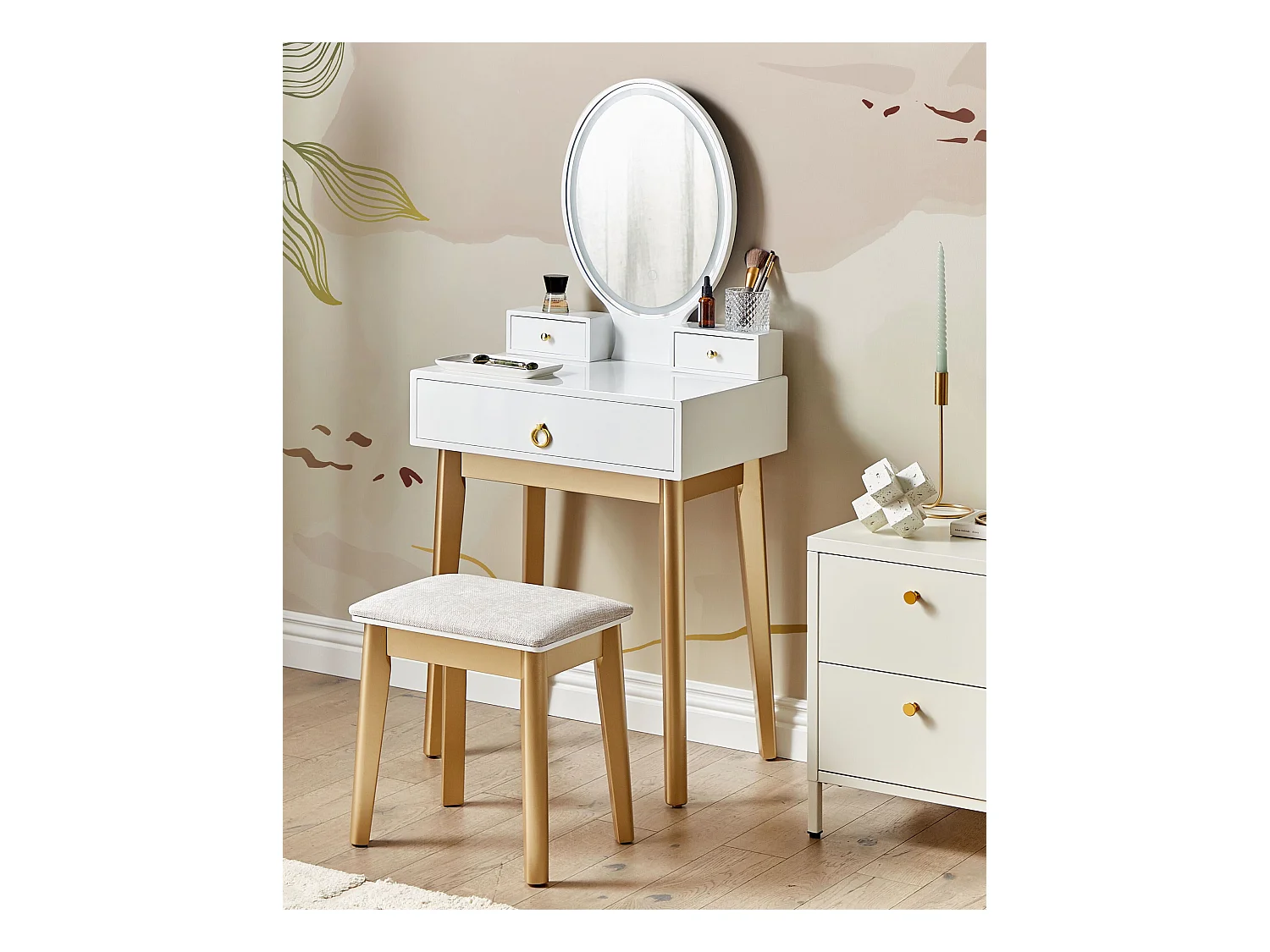 Schminktisch mit LED-Spiegel oval 3 Schubladen Hocker weiß Glamour Rosey