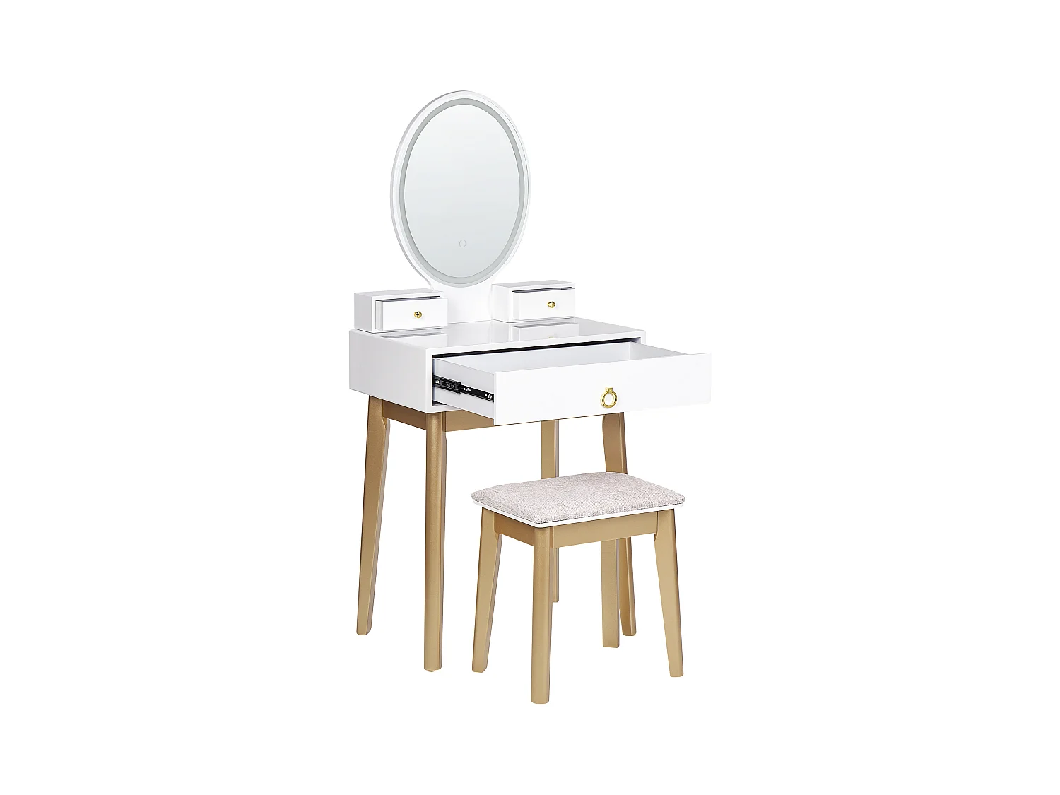 Schminktisch mit LED-Spiegel oval 3 Schubladen Hocker weiß Glamour Rosey