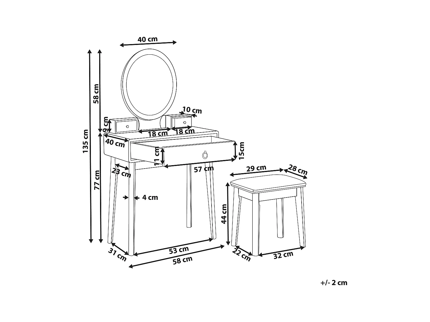 Schminktisch mit LED-Spiegel oval 3 Schubladen Hocker weiß Glamour Rosey