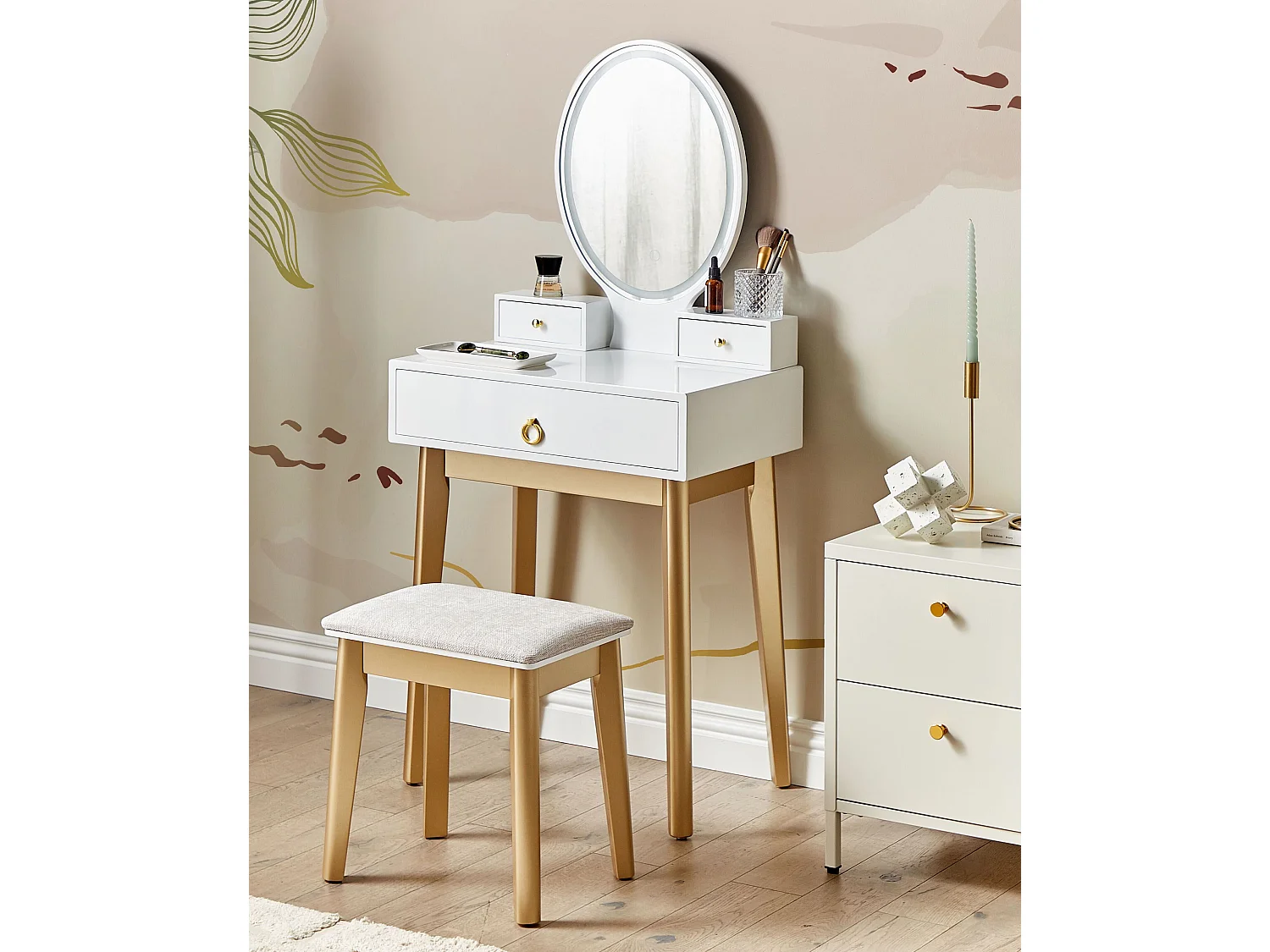 Coiffeuse avec miroir et tabouret ROSEY LED Blanc
