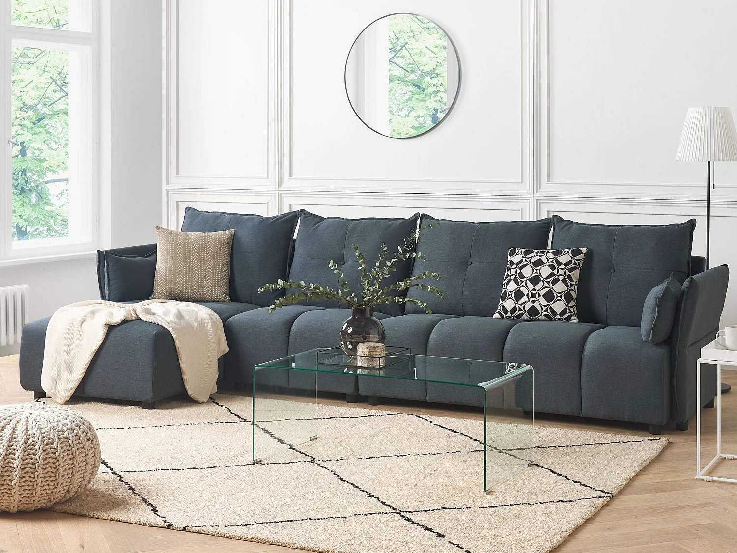 4-Sitzer Ecksofa mit Chaiselongue rechts grau L-Form viele Kissen Modern Tomra