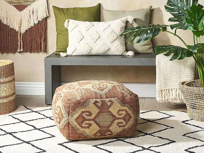 Pouf Jute und Wolle rot / bunt quadratisch 50x50x30 cm orientalisch Urpad