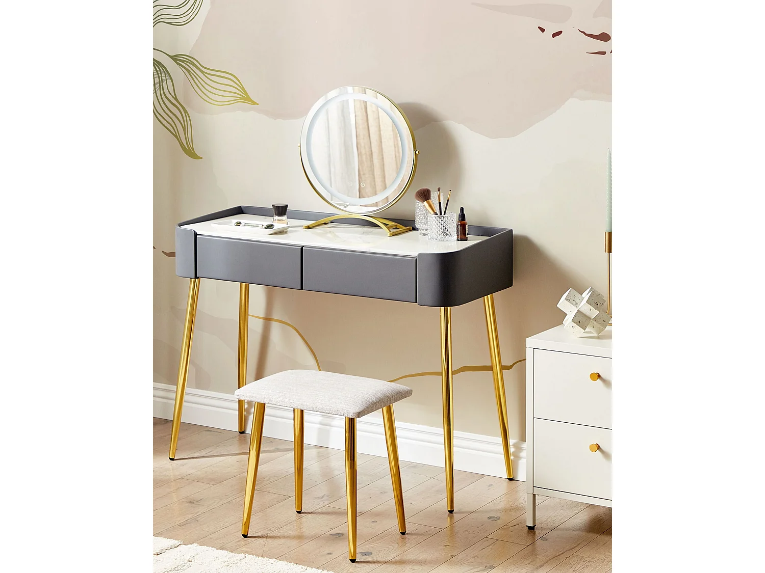 Schminktisch mit LED-Spiegel rund 2 Schubladen Hocker grau Glamour Surin