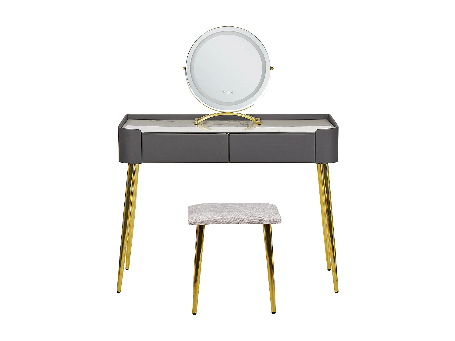 Schminktisch mit LED-Spiegel rund 2 Schubladen Hocker grau Glamour Surin