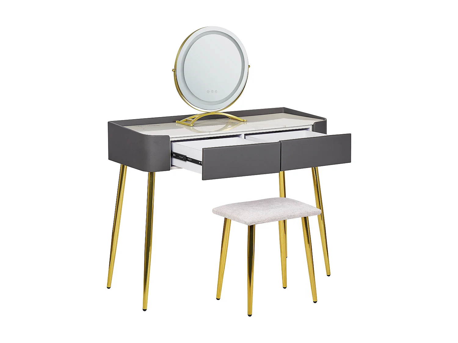 Schminktisch mit LED-Spiegel rund 2 Schubladen Hocker grau Glamour Surin