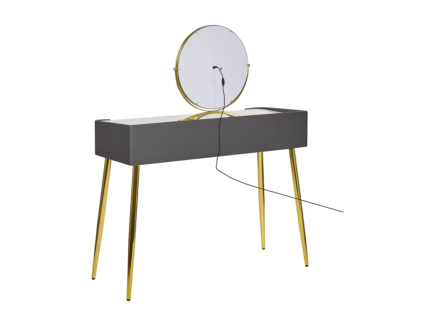 Schminktisch mit LED-Spiegel rund 2 Schubladen Hocker grau Glamour Surin