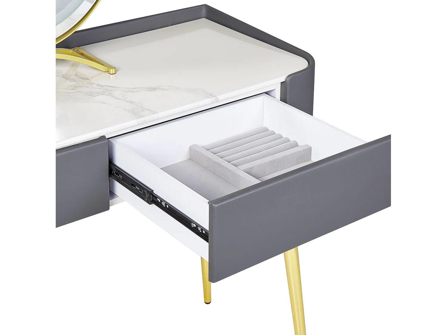 Schminktisch mit LED-Spiegel rund 2 Schubladen Hocker grau Glamour Surin