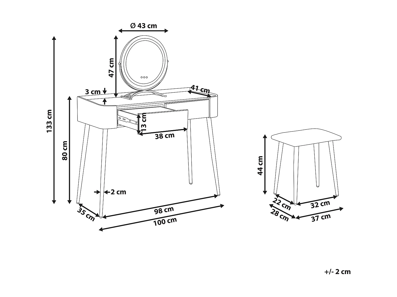 Schminktisch mit LED-Spiegel rund 2 Schubladen Hocker grau Glamour Surin