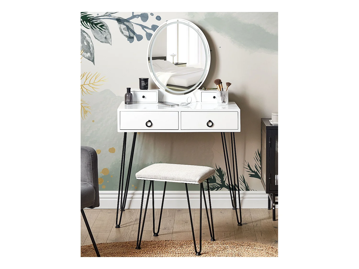 Coiffeuse avec miroir et tabouret SOYE LED Blanc