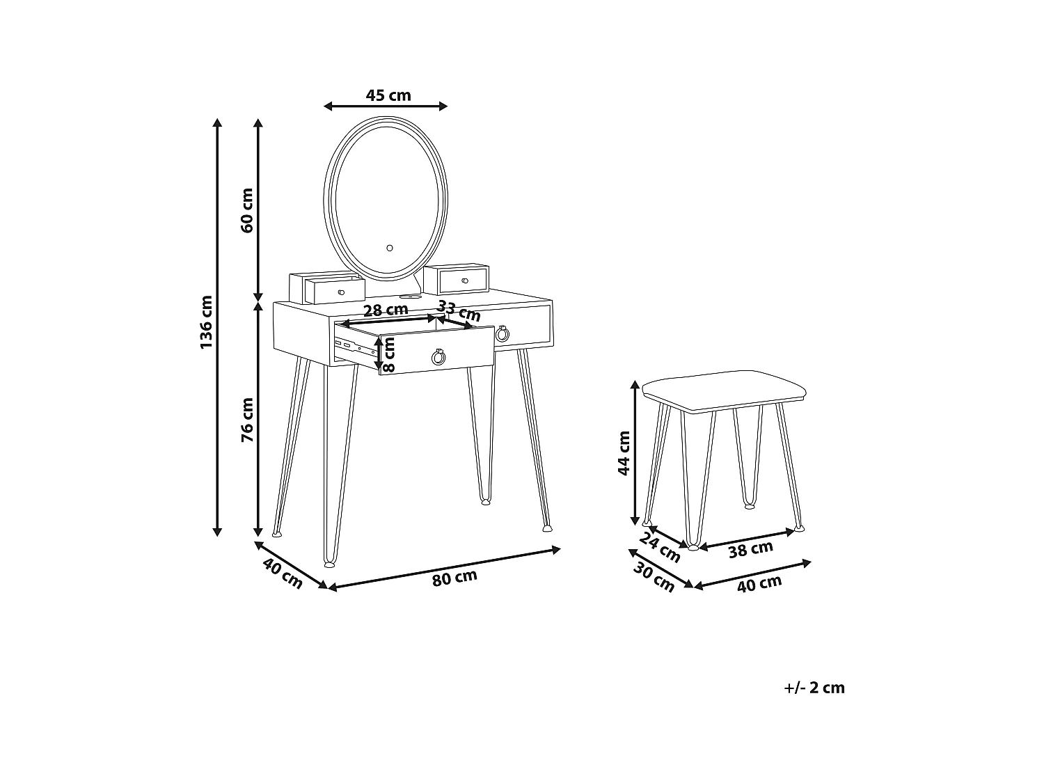 Coiffeuse avec miroir et tabouret SOYE LED Blanc
