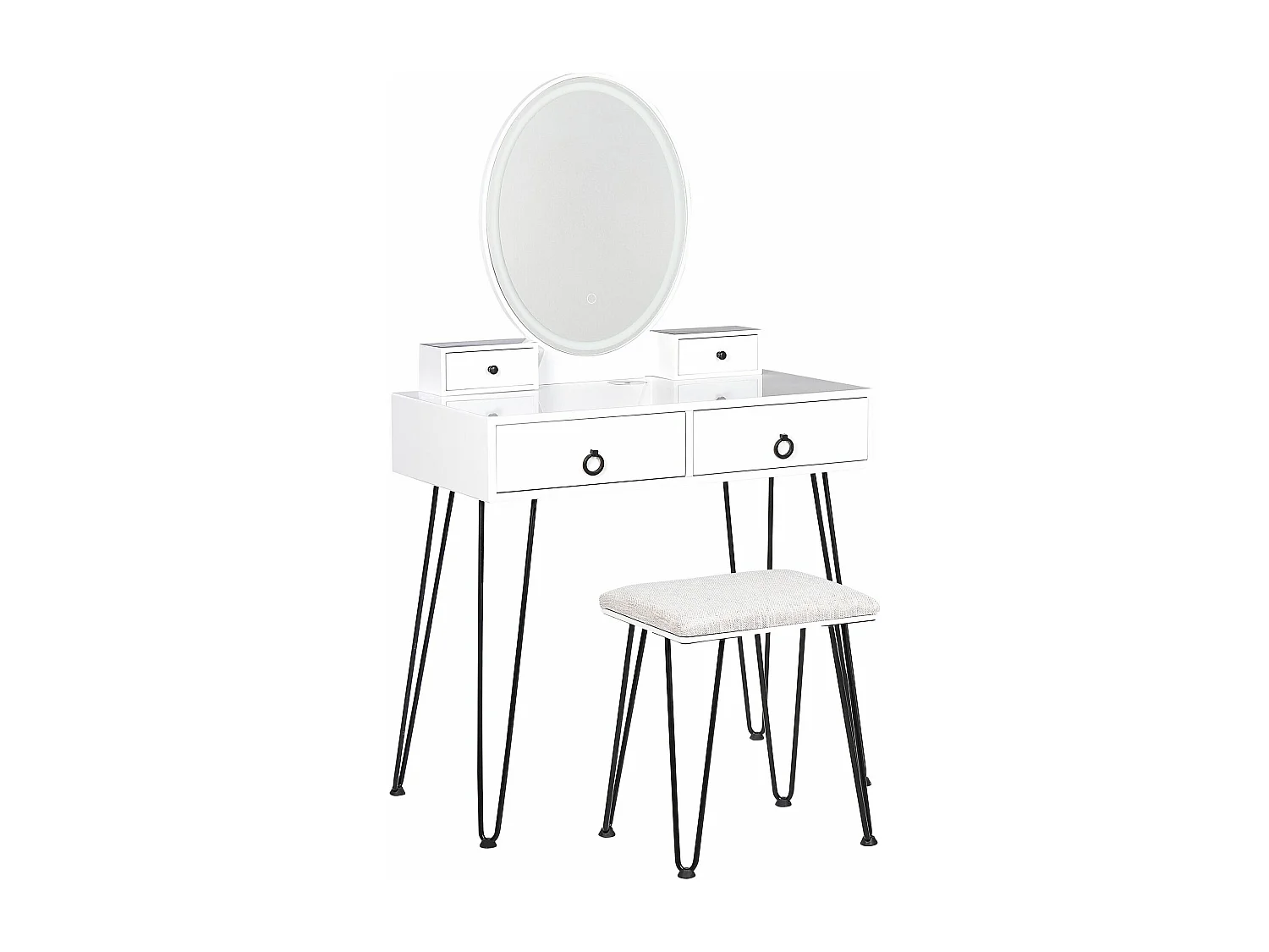 Schminktisch mit LED-Spiegel oval USB-Port 4 Schubladen Hocker weiß Glamour Soye
