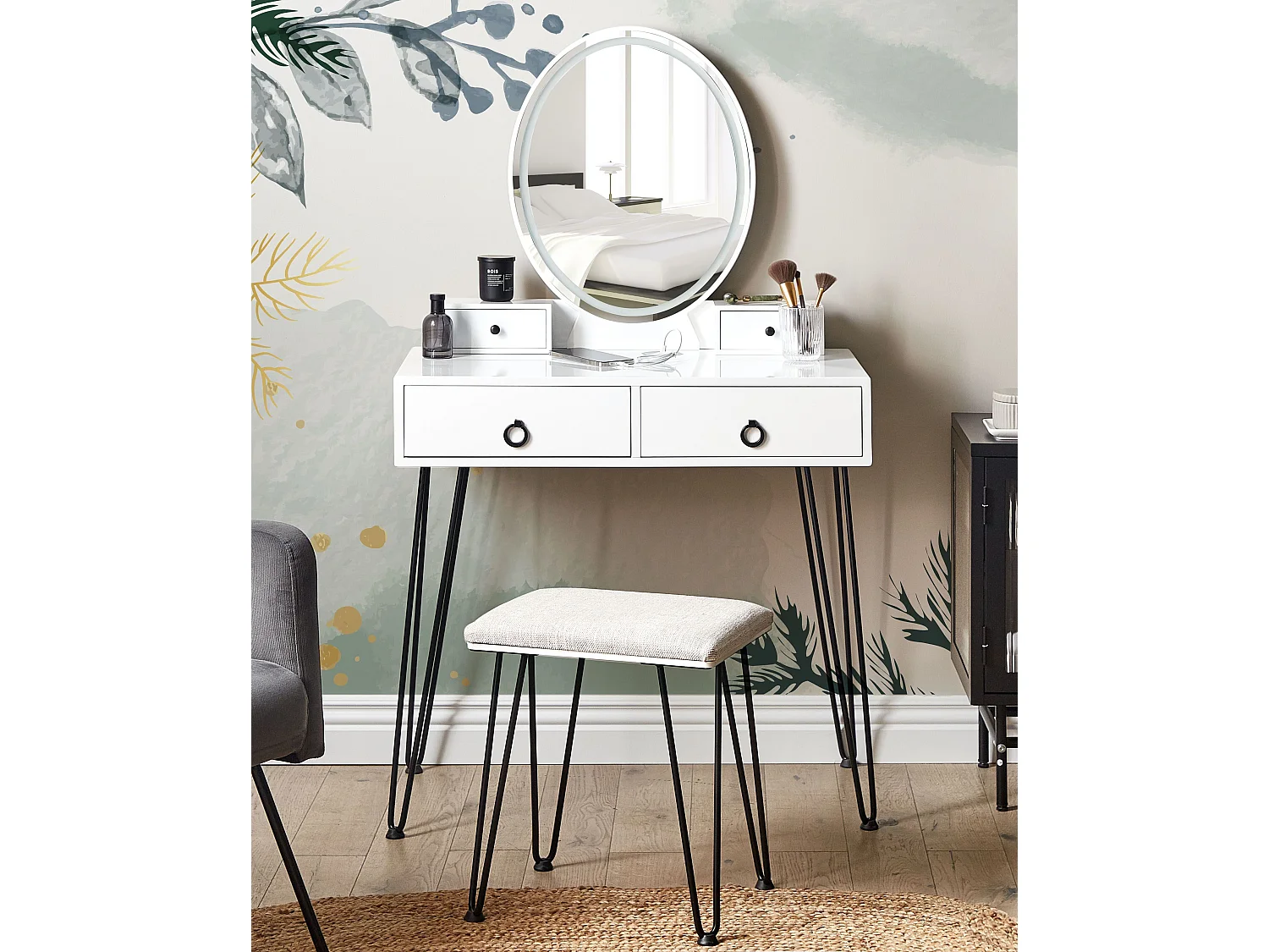 Schminktisch mit LED-Spiegel oval USB-Port 4 Schubladen Hocker weiß Glamour Soye