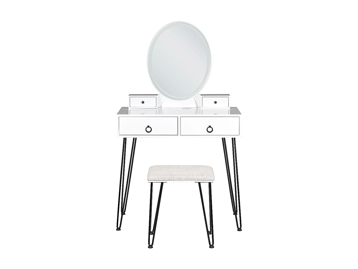 Schminktisch mit LED-Spiegel oval USB-Port 4 Schubladen Hocker weiß Glamour Soye