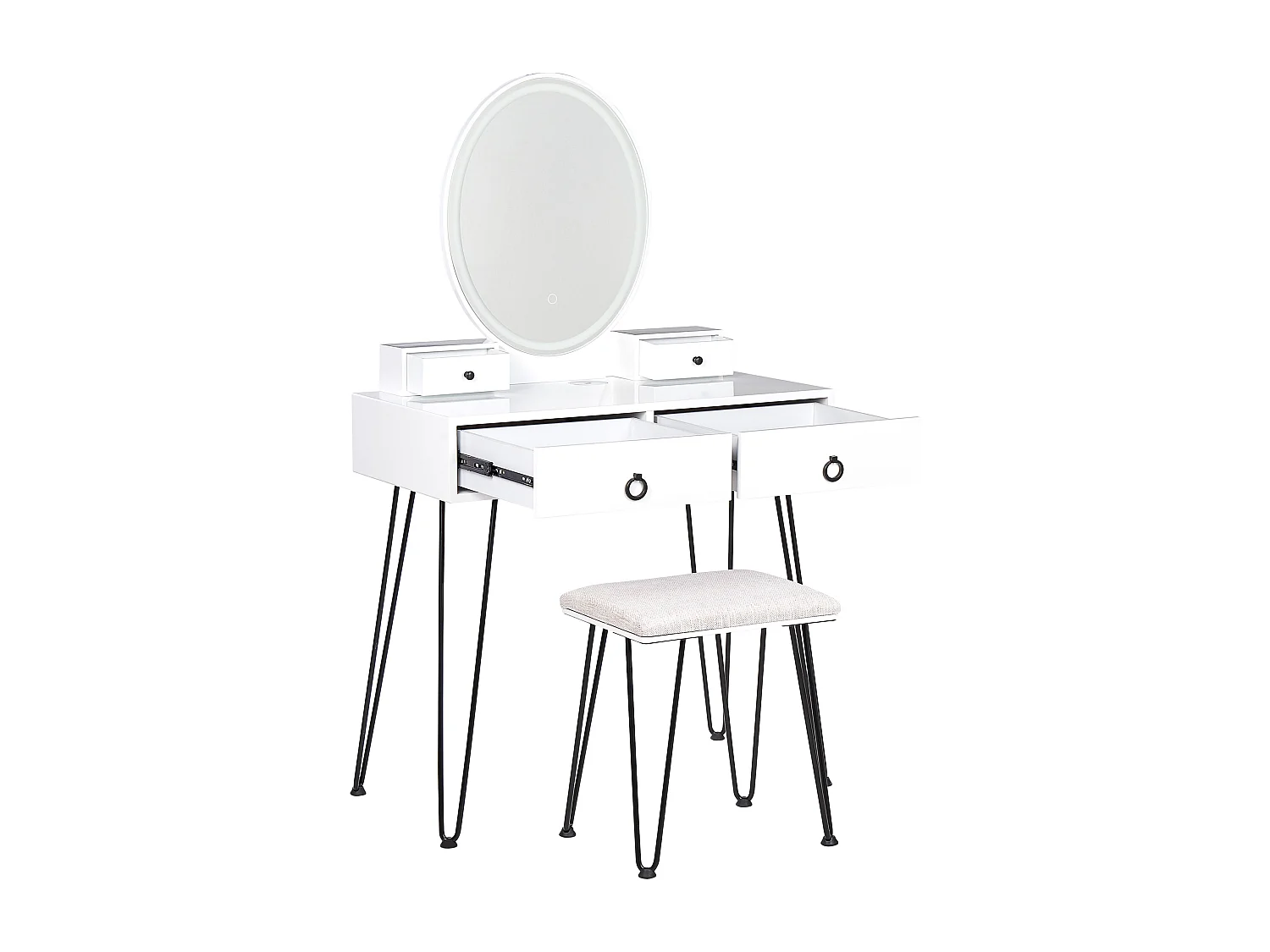 Schminktisch mit LED-Spiegel oval USB-Port 4 Schubladen Hocker weiß Glamour Soye