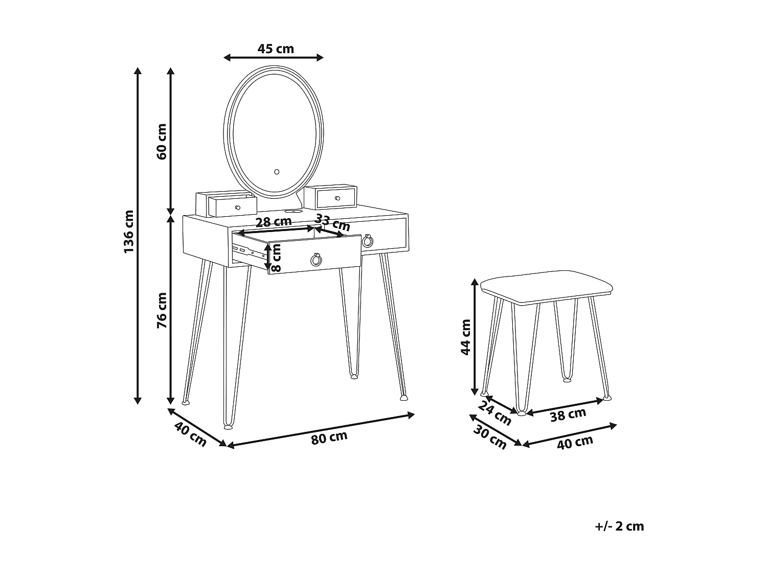 Coiffeuse avec miroir et tabouret SOYE LED Blanc