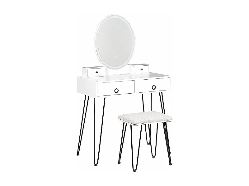 Schminktisch mit LED-Spiegel oval USB-Port 4 Schubladen Hocker weiß Glamour Soye