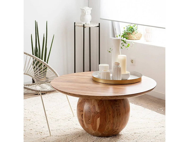 Mesa de centro redonda de madera de acacia con almacenamiento Charlou - 80x80cm