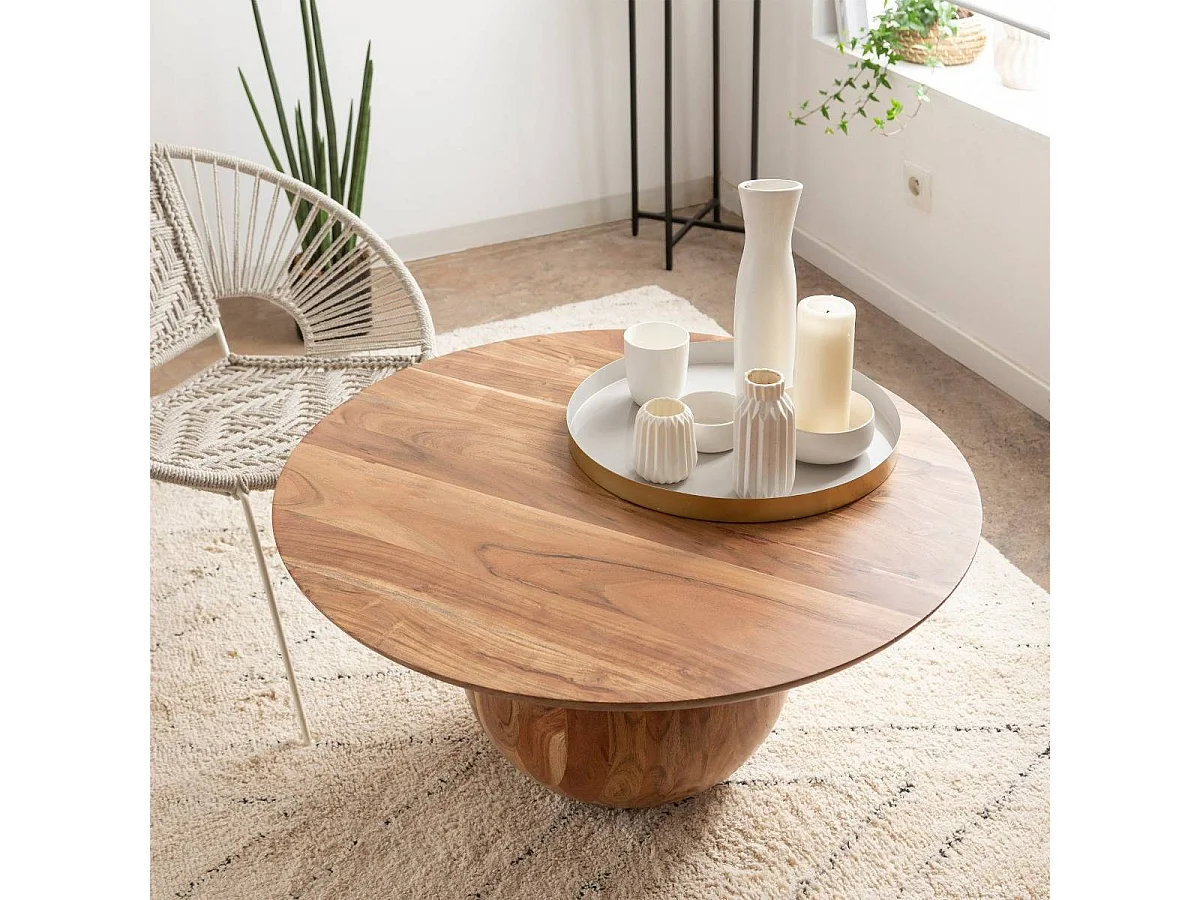 Mesa de centro redonda de madera de acacia con almacenamiento Charlou - 80x80cm