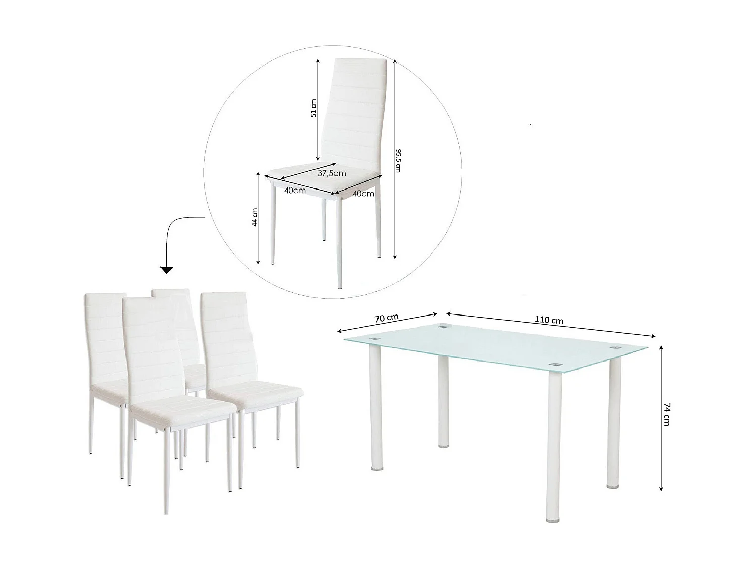 Mesa de Cristal Templado + 4 Sillas Polipiel. Comedor o Cocina, Blanco