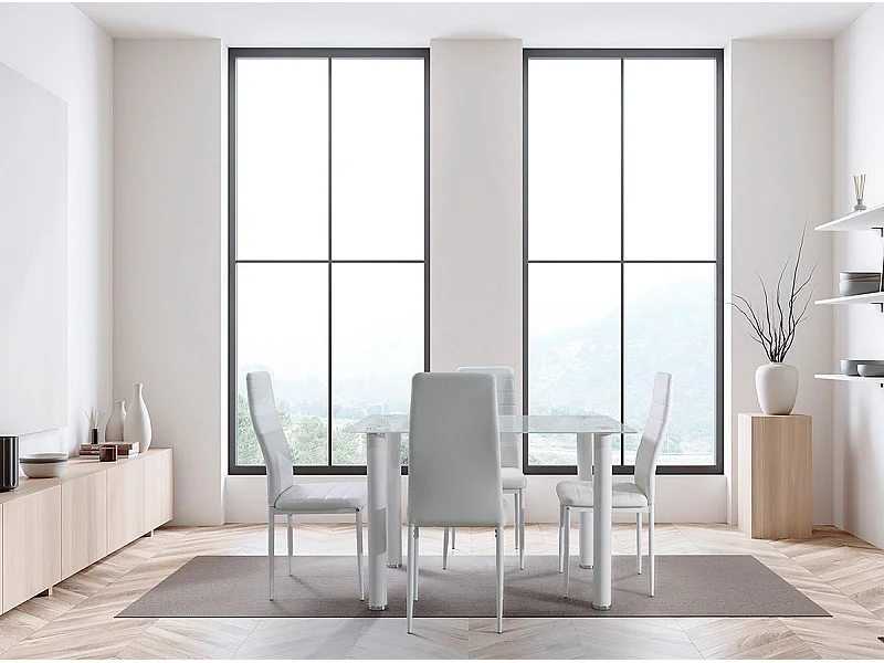 Mesa de Cristal Templado + 4 Sillas Polipiel. Comedor o Cocina, Blanco