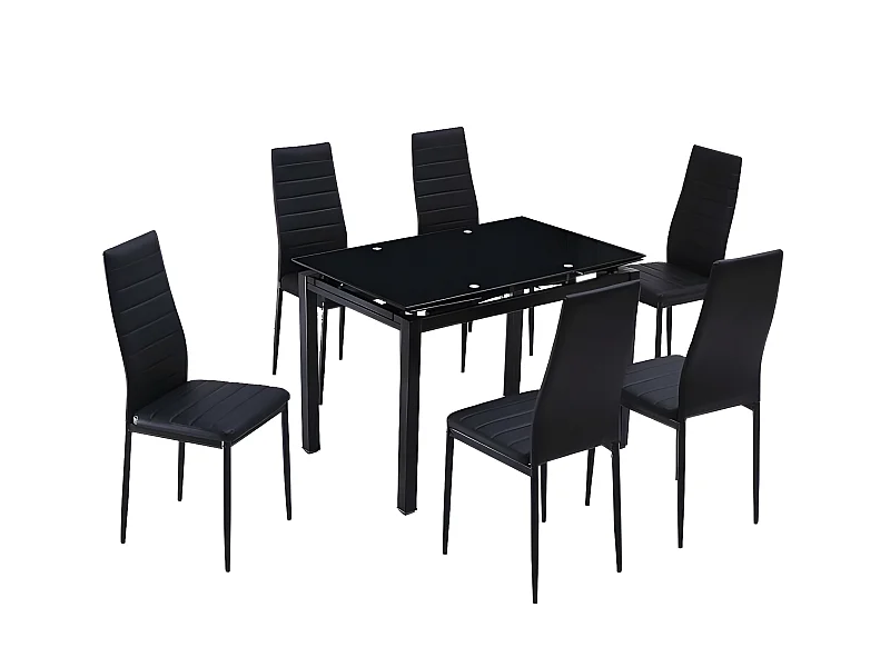 Mesa extensible cristal templado 170X70cm 110X70cm con 6 sillas cristal templado color negro