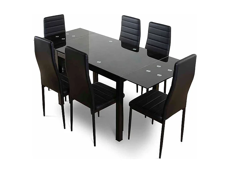 Mesa extensível de vidro temperado 170X70cm 110X70cm com 6 cadeiras de vidro temperado preto