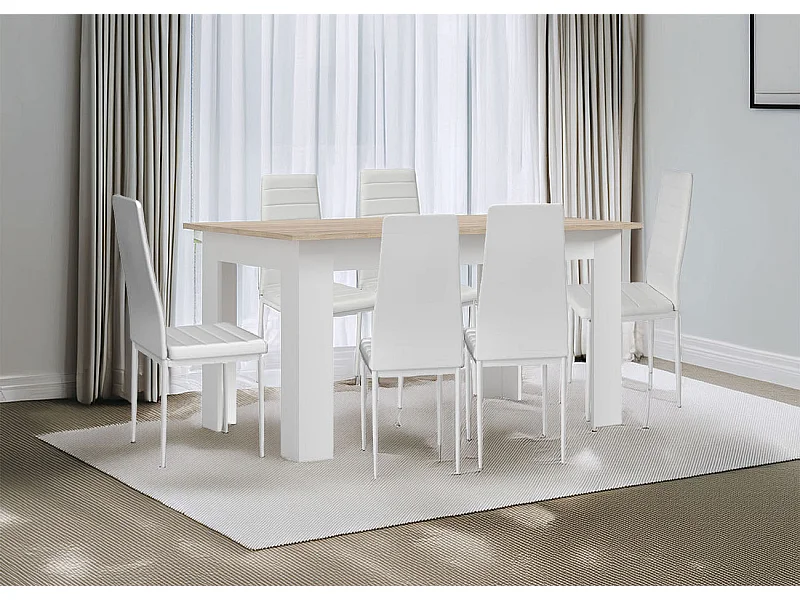 Conjunto Mesa de Jantar ou Cozinha Branco e Carvalho + 6 Cadeiras de Couro Sintético/metal Branco