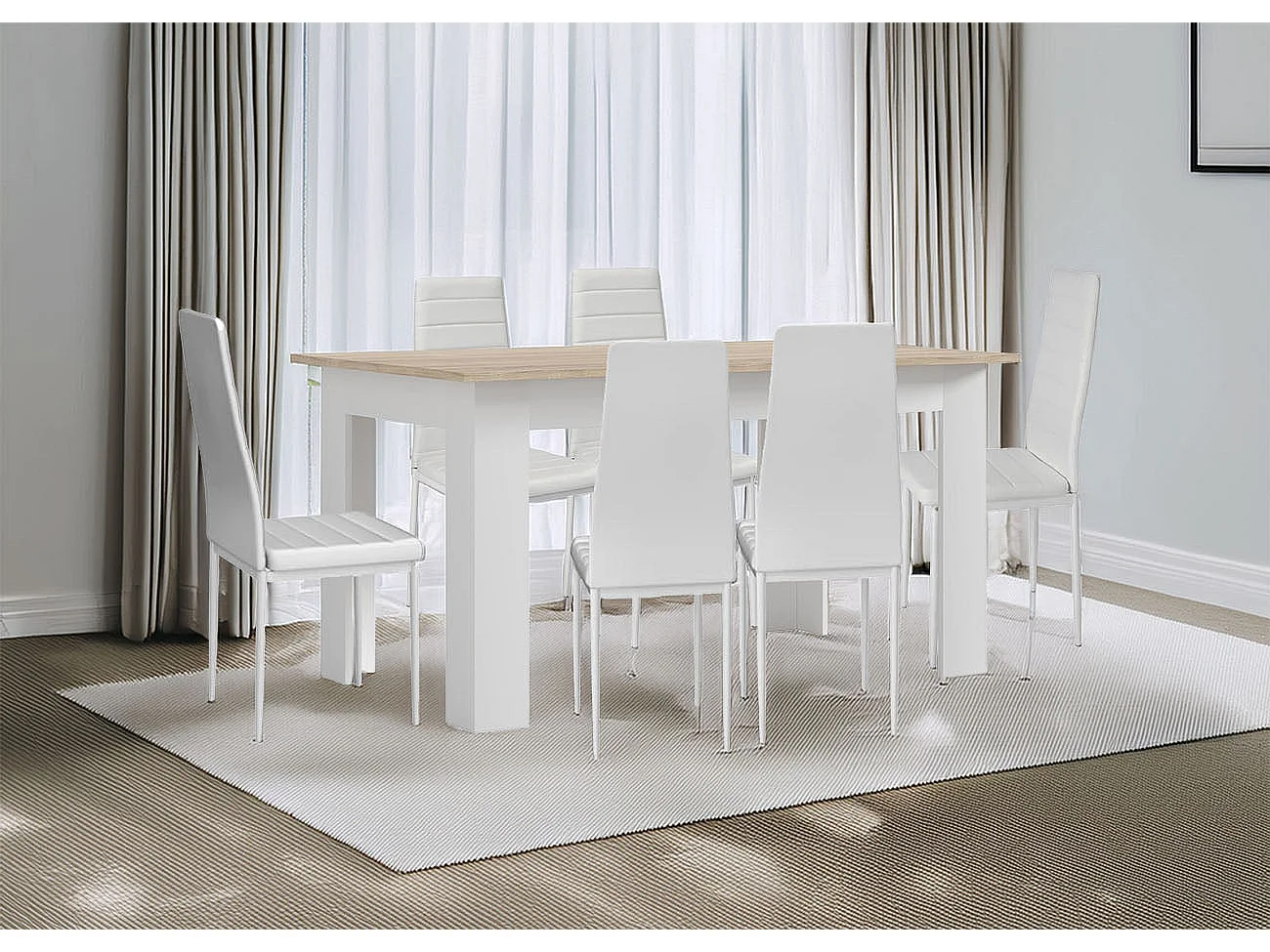 Conjunto Mesa de Jantar ou Cozinha Branco + 6 Cadeiras de Couro Sintético/metal Preto