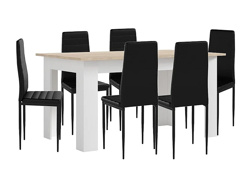 Pack Mesa de Comedor o Cocina Blanco y Cambria + 6 Sillas en Polipiel/metal Negro
