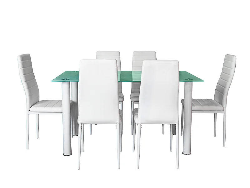 Conjunto de mesa de vidro temática 140x80cm e 6 cadeiras brancas