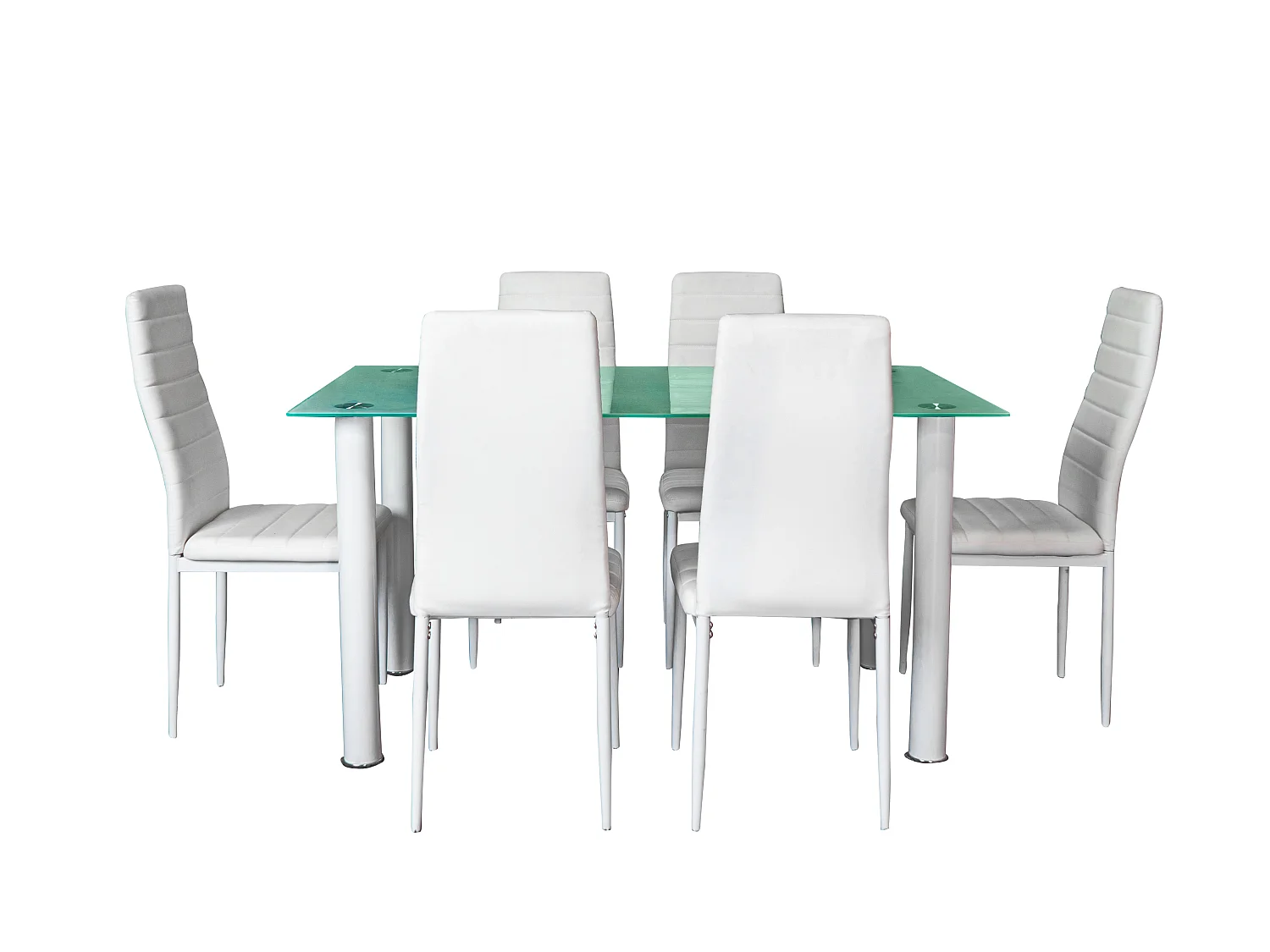 Conjunto de mesa de vidro temática 140x80cm e 6 cadeiras brancas