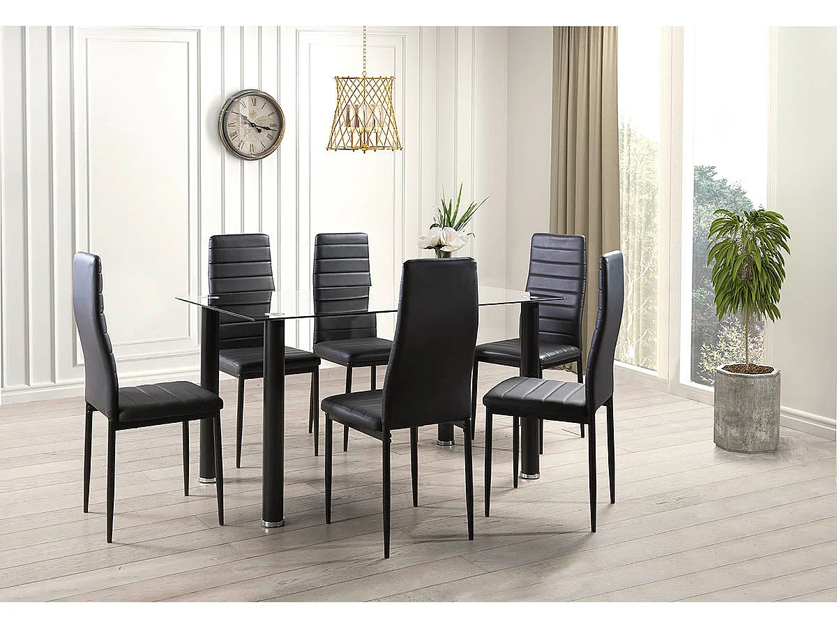 Mesa de Cristal Templado + 6 Sillas Polipiel. Comedor o Cocina, Blanco