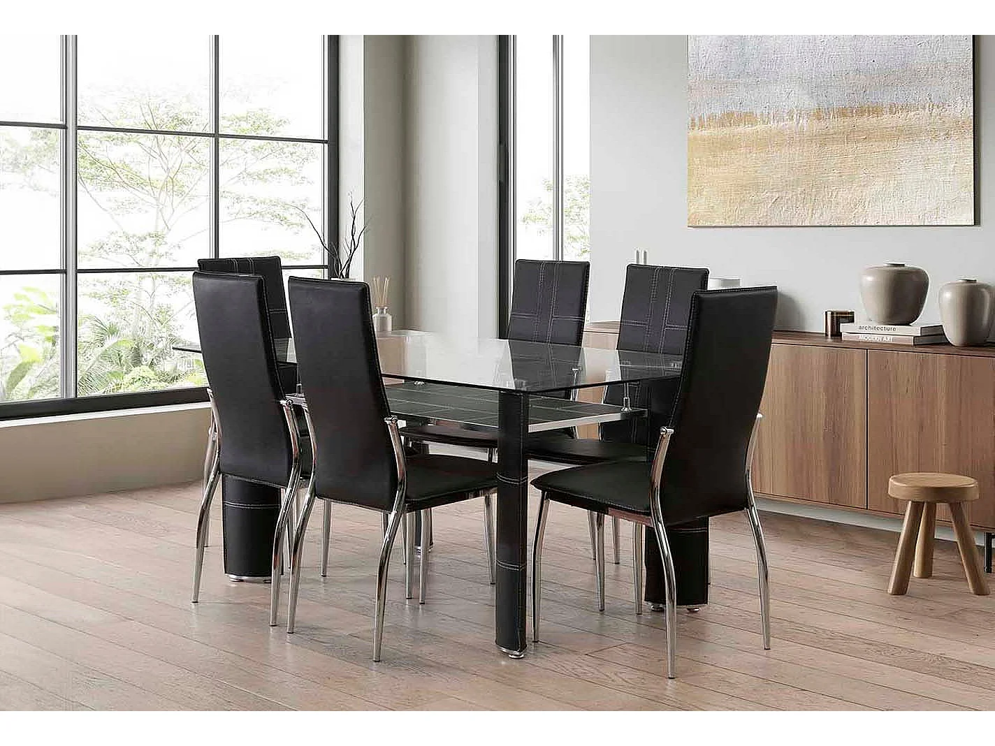 Mesa de vidro temperado 150X90Cm com 6 cadeiras de couro sintético acolchoadas pretas