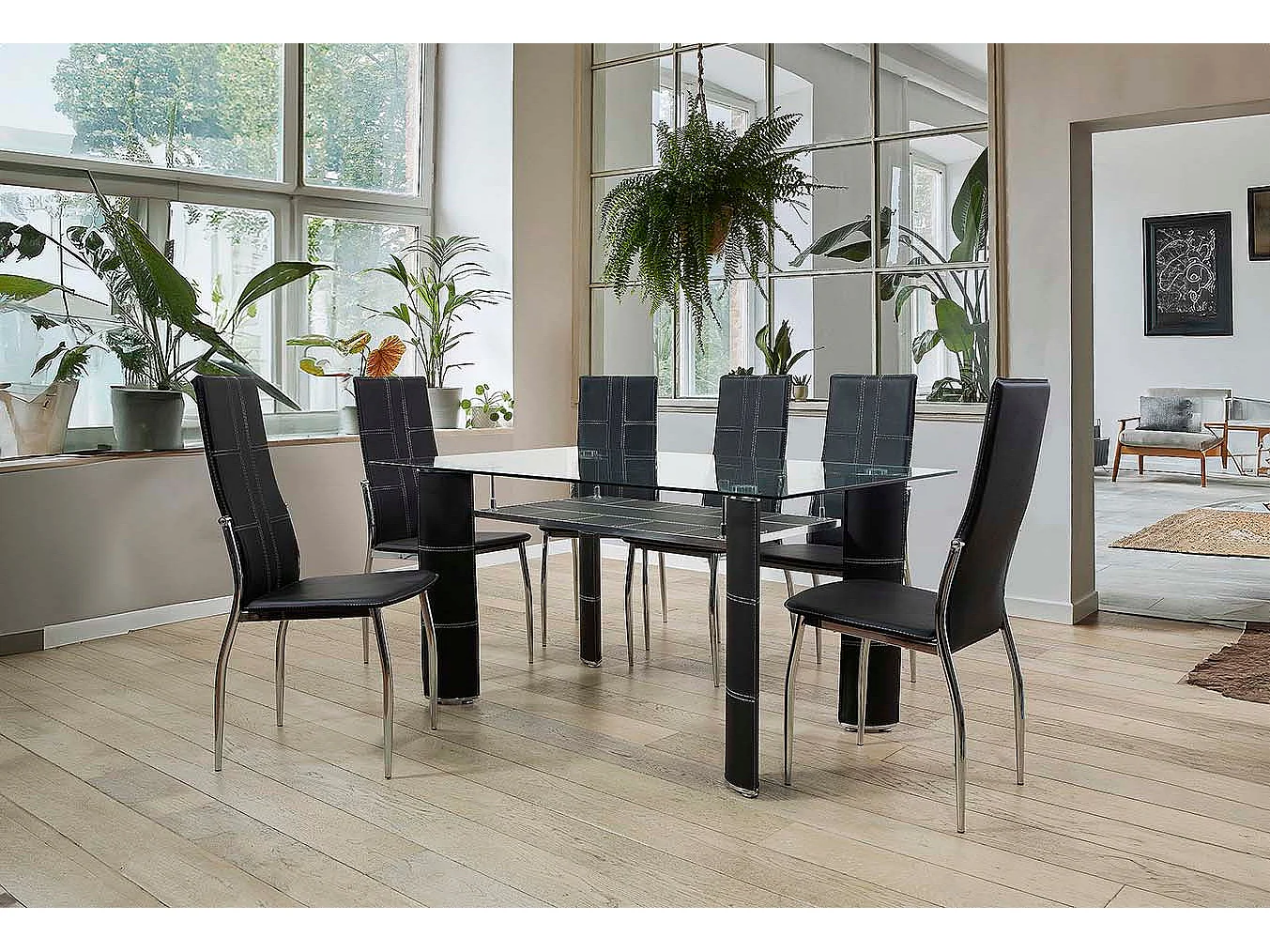 Mesa de Cristal Templado + 6 Sillas en Polipiel/Metal Negro 150x90 cm