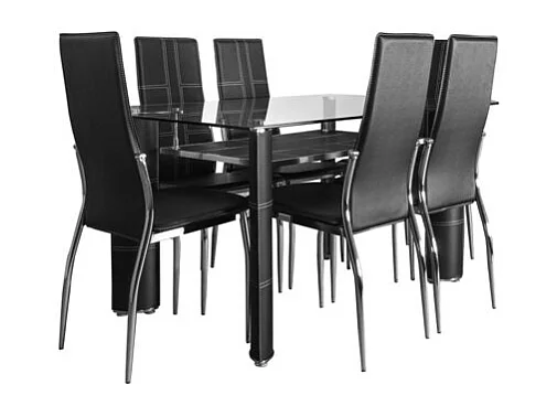 Mesa de Cristal Templado + 6 Sillas en Polipiel/Metal Negro 150x90 cm