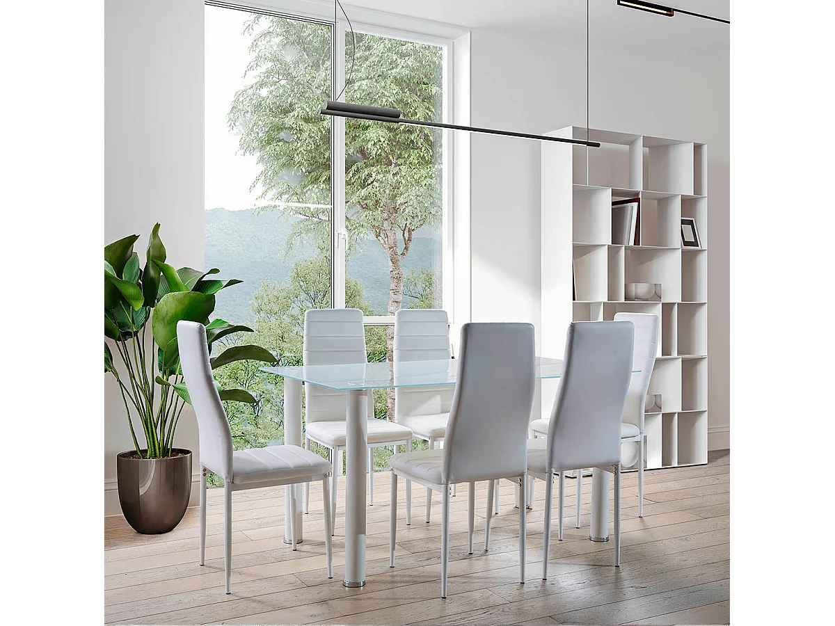 Conjunto de mesa de vidro temática 140x80cm e 6 cadeiras pretas