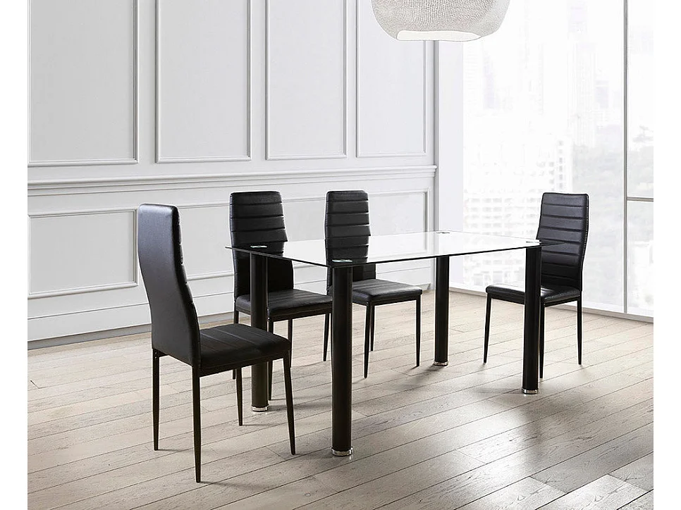 Mesa de Cristal Templado + 4 Sillas Polipiel. Comedor o Cocina, Negro