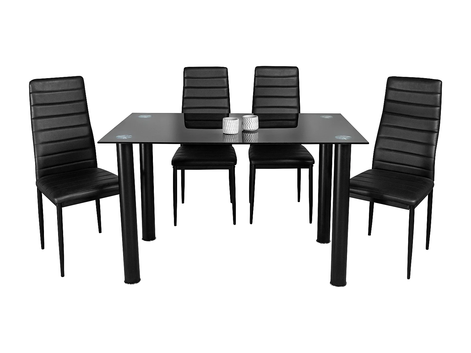 Mesa de Cristal Templado + 4 Sillas Polipiel. Comedor o Cocina, Negro
