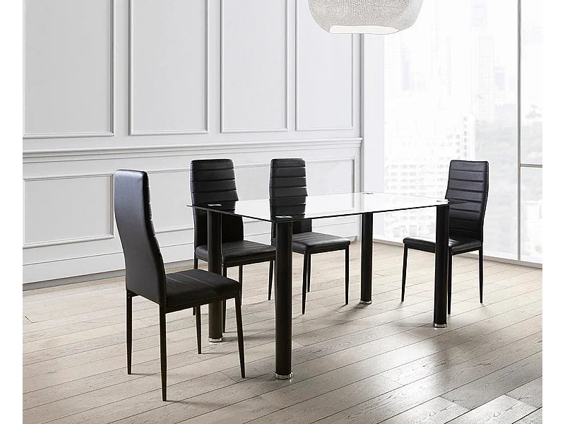Mesa de Cristal Templado + 4 Sillas Polipiel. Comedor o Cocina, Negro