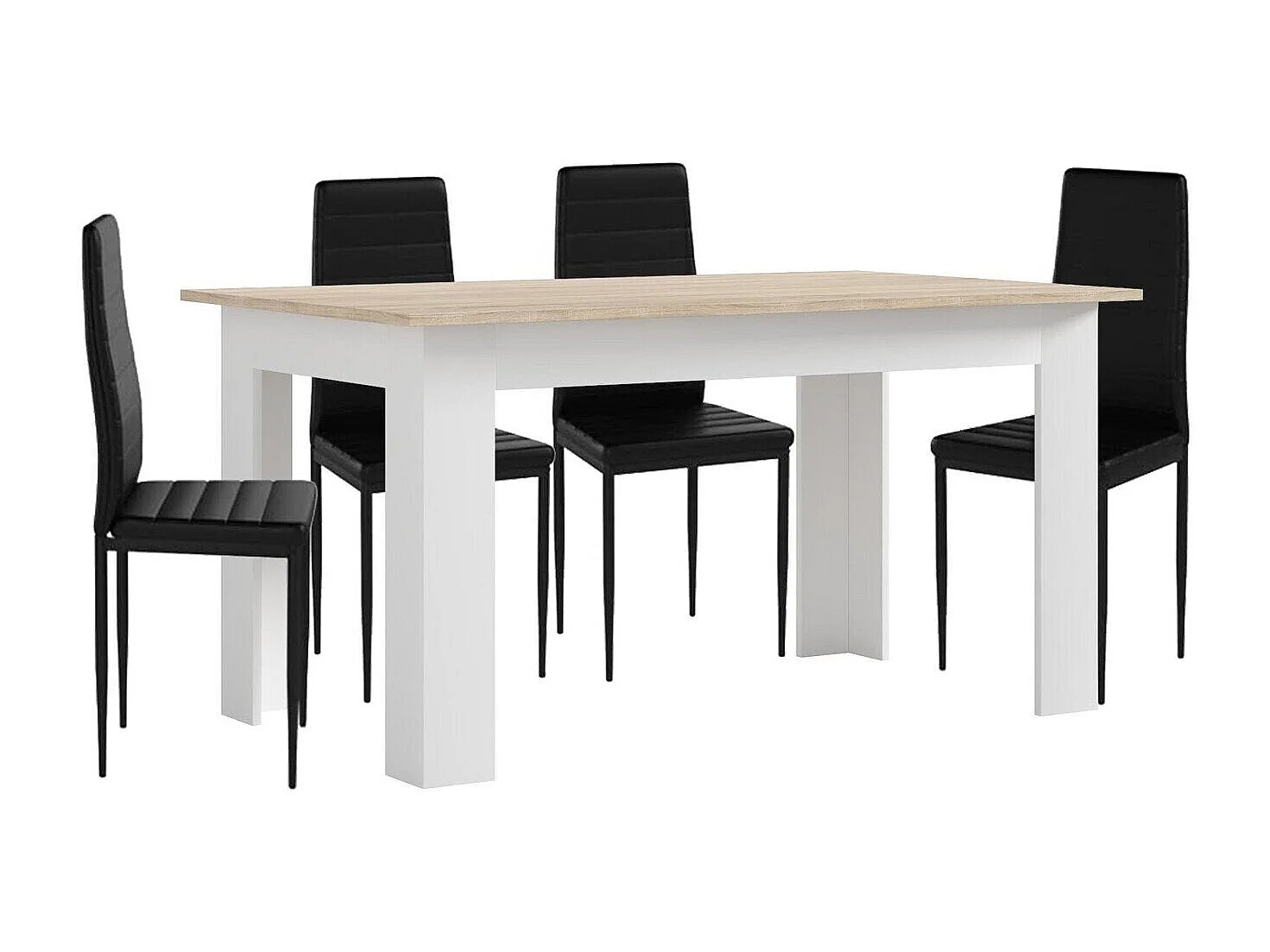 Pack Mesa de Comedor o Cocina Blanco y Cambria + 4 Sillas en Polipiel/metal Negro