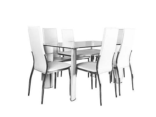 Mesa de cristal templado 150X90CM con 6 sillas de polipiel acolchado color blanco