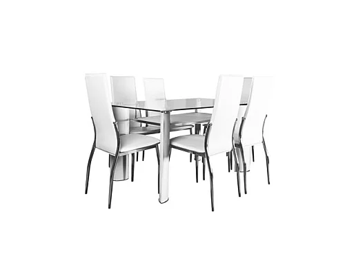 Mesa de cristal templado 150X90CM con 6 sillas de polipiel acolchado color blanco