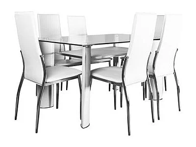 Mesa de Cristal Templado + 6 Sillas en Polipiel/Metal Blanco 150x90 cm