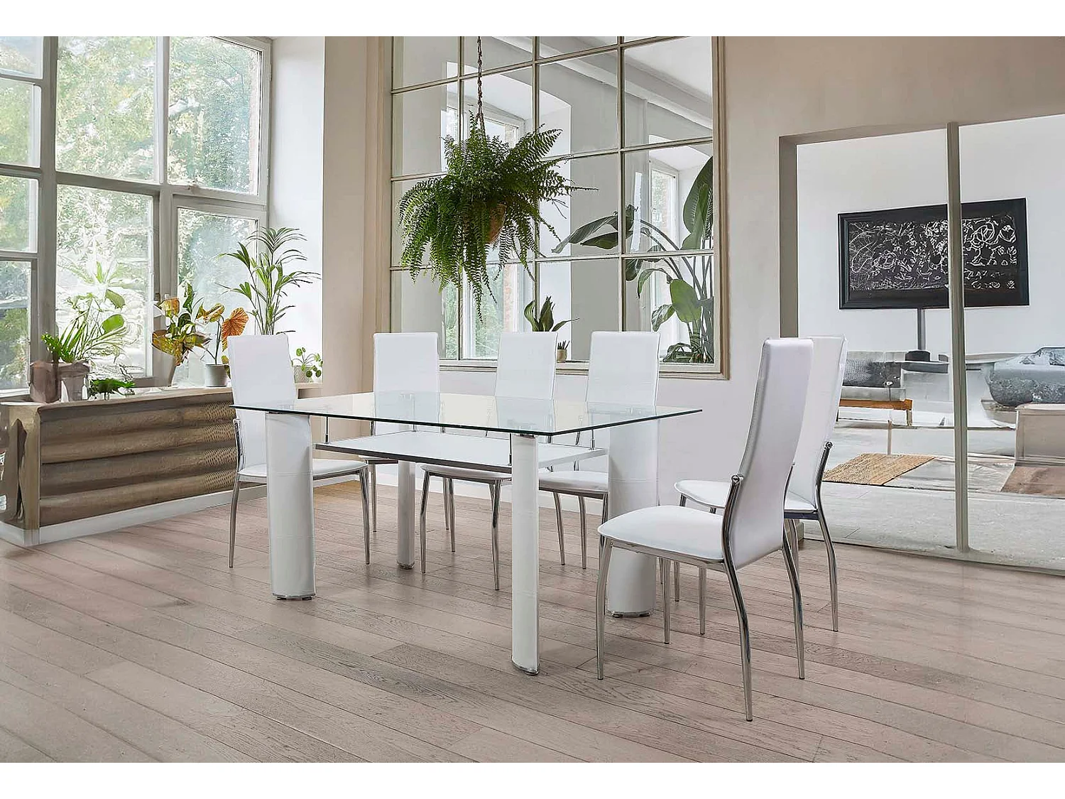 Mesa de Cristal Templado + 6 Sillas en Polipiel/Metal Blanco 150x90 cm
