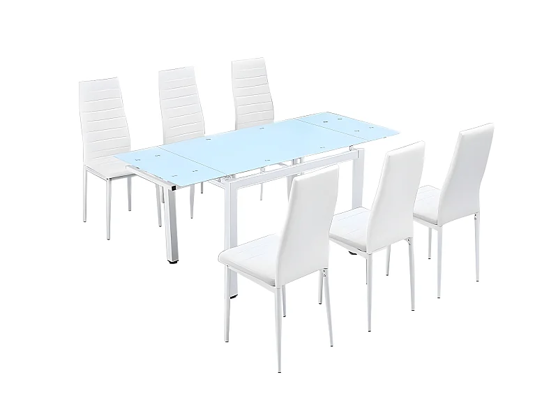 Mesa extensible cristal templado 170X70cm 110X70cm con 6 sillas cristal templado color Blanco